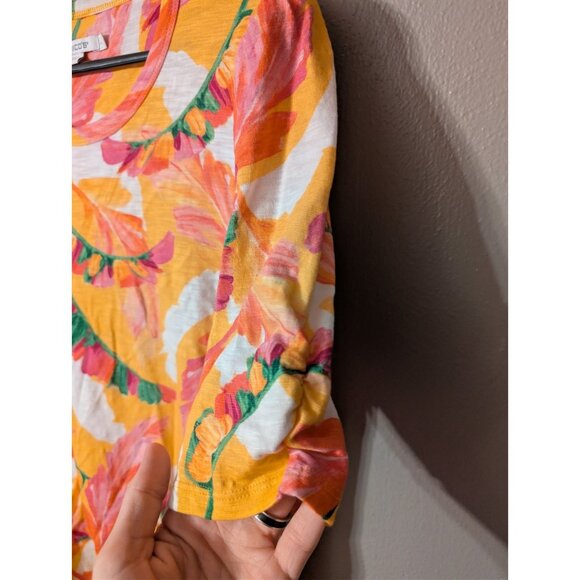Chico's Top Size 2 L Yellow Pink Tropical Feather Print Cotton Modal Puff Sleeve - Picture 4 of 7